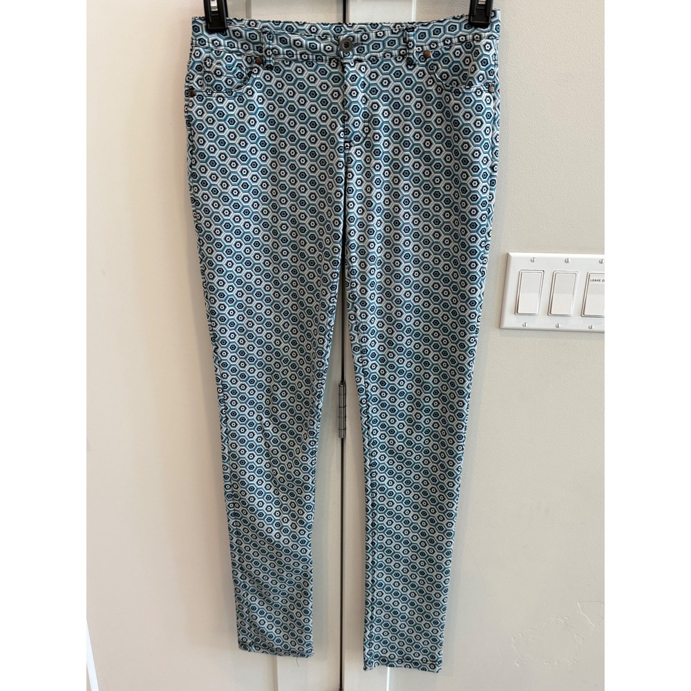 HL Women‎ Geometric Honeycomb Print Skinny Pants Teal Blue Size S Stretch
